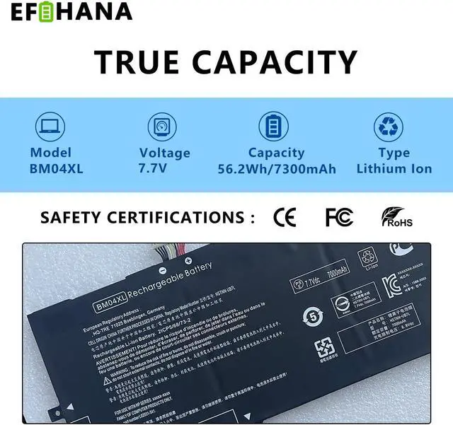 Alt view image 2 of 5 - EFOHANA BM04XL Laptop Battery Replacement for HP EliteBook x360 1030 G3 Series Notebook BMO4XL HSTNN-UB7L L02031-541 BM04056XL L02478-855 7.7V 56.2Wh 7300mAh