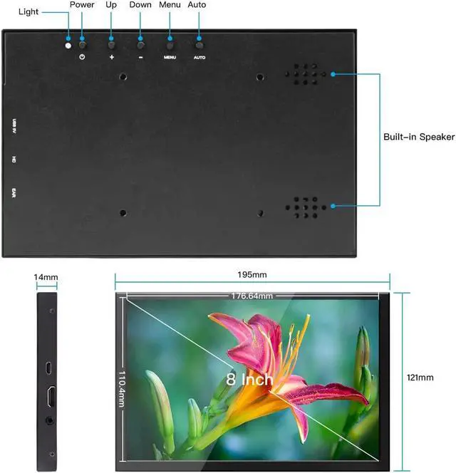 Alt view image 2 of 5 - ELECROW 8 Inch Portable Monitor, 1280x800 Mini HD Display with Built-in Speakers, USB Powered, Non-Touch LCD Screen for Raspberry Pi, PC, Laptop, Jetson Nano, Game Consoles
