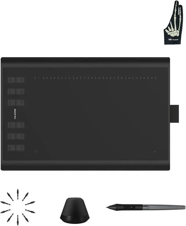 Main image of Huion Inspiroy H1060P Graphics Drawing Tablet with Digital Pen PW100 and Skeleton Glove, OTG Adapters Included
