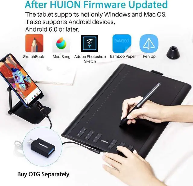 Alt view image 2 of 5 - Huion Inspiroy H1060P Graphics Drawing Tablet with Digital Pen PW100 and Skeleton Glove, OTG Adapters Included