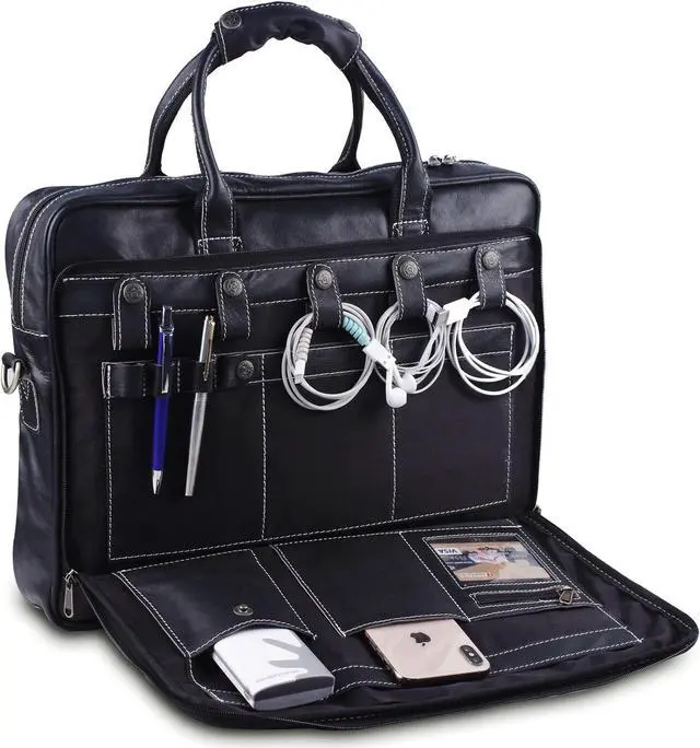 Alt view image 2 of 5 - 18 Inch Leather Messenger Bag For Men, Genuine Leather Briefcase Business Bag W/Padded Laptop Case, Vintage Handmade Laptop Satchel and Shoulder Bag for Office, Work, and Travel