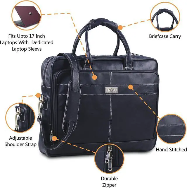 Alt view image 3 of 5 - 18 Inch Leather Messenger Bag For Men, Genuine Leather Briefcase Business Bag W/Padded Laptop Case, Vintage Handmade Laptop Satchel and Shoulder Bag for Office, Work, and Travel