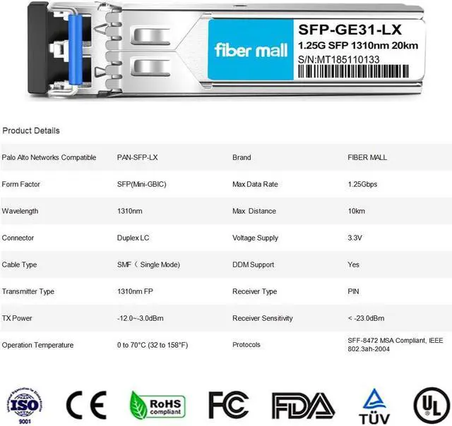 Alt view image 3 of 5 - Fiber Mall 1G SFP LX for Palo Alto Networks PAN-SFP-LX 1000BASE-LX/LH SMF 1310nm 20km/10km LC DOM Transceiver Module