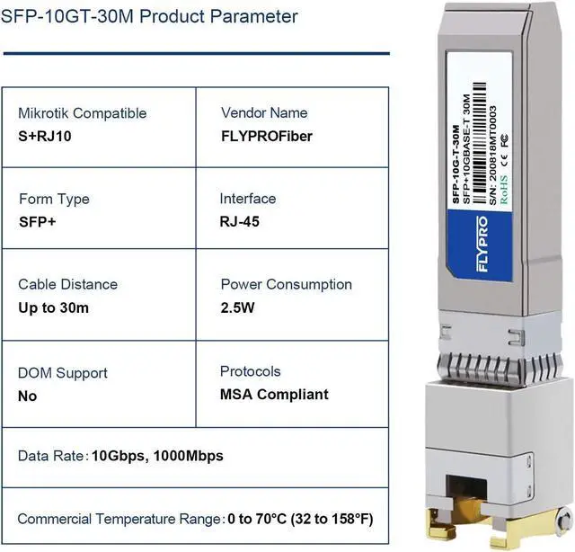 Alt view image 4 of 5 - FLYPROFiber 10GBase-T Transceiver, SFP+ to RJ45 10Gb Ethernet Copper Module for MikroTik S+RJ10, CAT6A/CAT7, 100FT(30M)