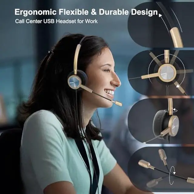 Alt view image 2 of 5 - USB Type C Headphones with Noise Canceling Microphone, USB-C Headset with Mic for PC, Laptop, Lightweight Golden Headset for Laptop, PC, Skype, Zoom, Webinar, Google Meet, WeBex,Call Center,Office