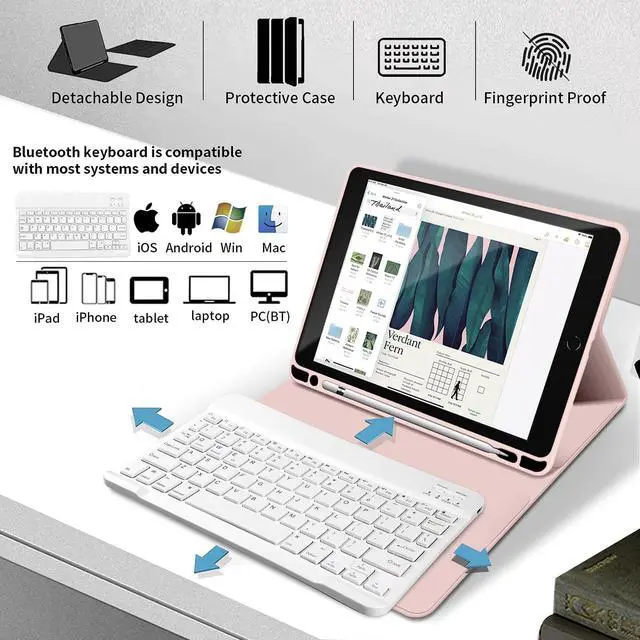 Alt view image 3 of 5 - Keyboard Case for iPad 9th/8th/7th Generation 10.2 Inch 2021/2020/2019, Soft TPU Back Stand Cover Smart Case with Pencil Holder, Magnetically Detachable Wireless Bluetooth Keyboard, Pink