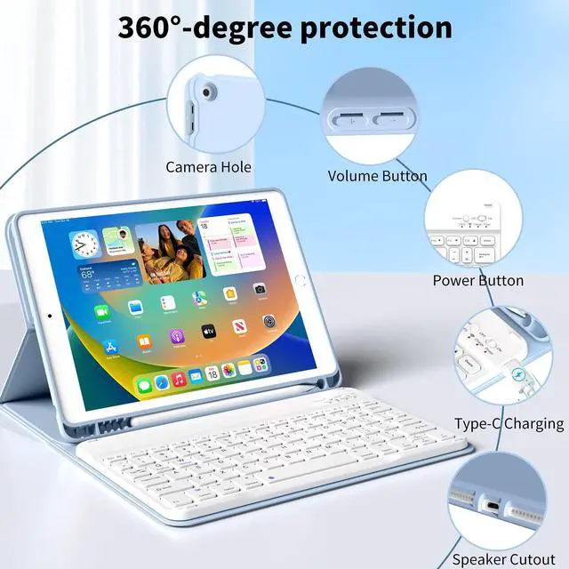Alt view image 2 of 5 - Keyboard Case for iPad 9th/8th/7th Generation 10.2 Inch 2021/2020/2019, Soft TPU Back Stand Cover Smart Case with Pencil Holder, Magnetically Detachable Wireless Bluetooth Keyboard, Light Blue