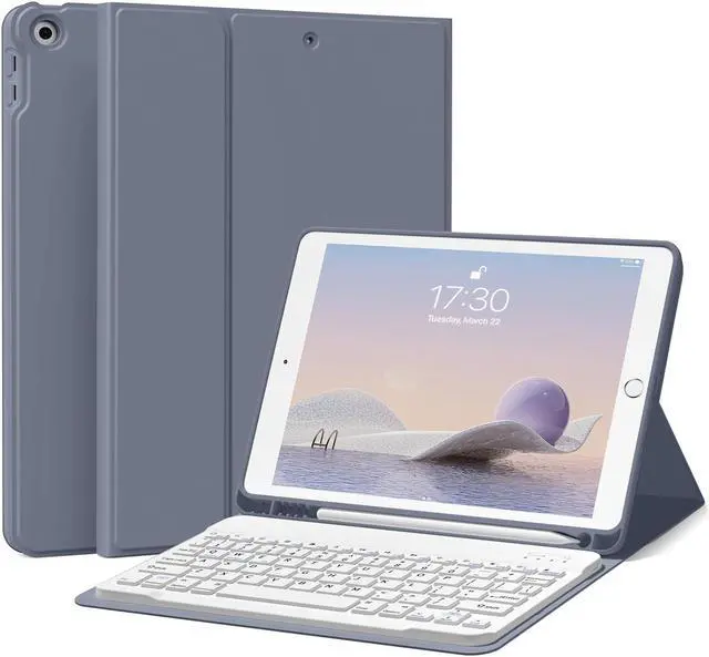 Main image of Keyboard Case for iPad 9th/8th/7th Generation 10.2 Inch 2021/2020/2019, Soft TPU Back Stand Cover Smart Case with Pencil Holder, Magnetically Detachable Wireless Bluetooth Keyboard, Purple