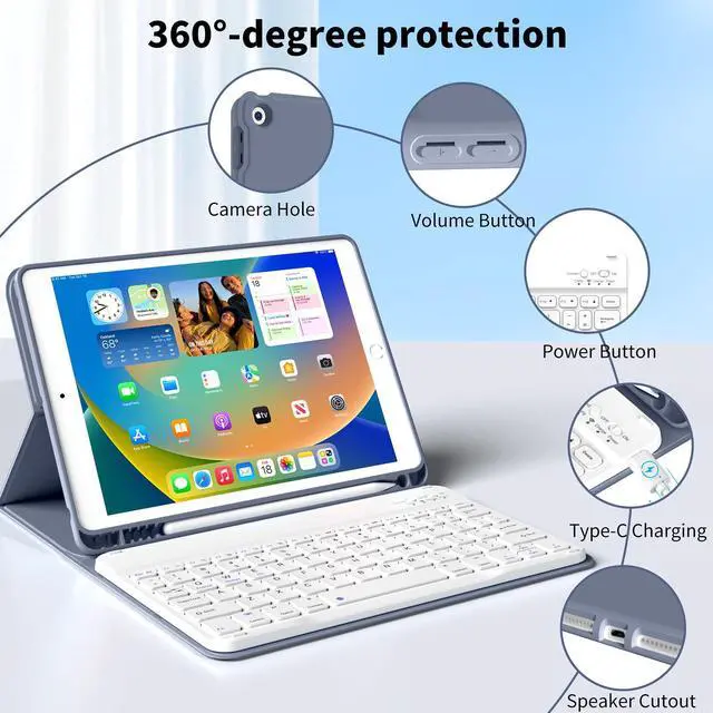 Alt view image 2 of 5 - Keyboard Case for iPad 9th/8th/7th Generation 10.2 Inch 2021/2020/2019, Soft TPU Back Stand Cover Smart Case with Pencil Holder, Magnetically Detachable Wireless Bluetooth Keyboard, Purple