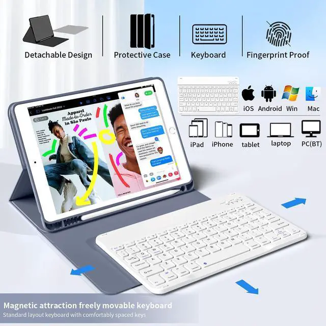 Alt view image 3 of 5 - Keyboard Case for iPad 9th/8th/7th Generation 10.2 Inch 2021/2020/2019, Soft TPU Back Stand Cover Smart Case with Pencil Holder, Magnetically Detachable Wireless Bluetooth Keyboard, Purple
