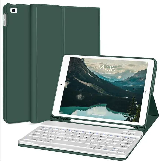 Main image of kenke Keyboard Case for iPad 9.7 inch 2018 (6th Gen) / iPad 2017 (5th Gen) / iPad Air 2/1, Lightweight Smart Cover with Pencil Holder, Magnetically Detachable Wireless Keyboard, Dark Green