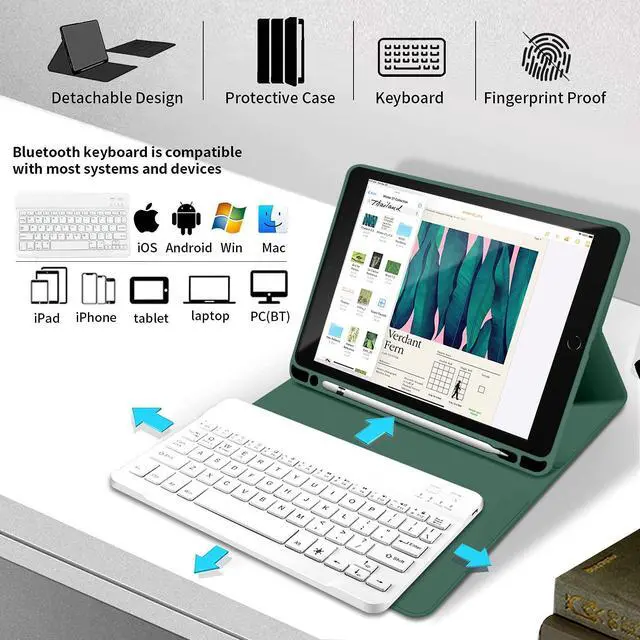 Alt view image 2 of 5 - kenke Keyboard Case for iPad 9.7 inch 2018 (6th Gen) / iPad 2017 (5th Gen) / iPad Air 2/1, Lightweight Smart Cover with Pencil Holder, Magnetically Detachable Wireless Keyboard, Dark Green