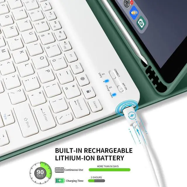 Alt view image 4 of 5 - kenke Keyboard Case for iPad 9.7 inch 2018 (6th Gen) / iPad 2017 (5th Gen) / iPad Air 2/1, Lightweight Smart Cover with Pencil Holder, Magnetically Detachable Wireless Keyboard, Dark Green