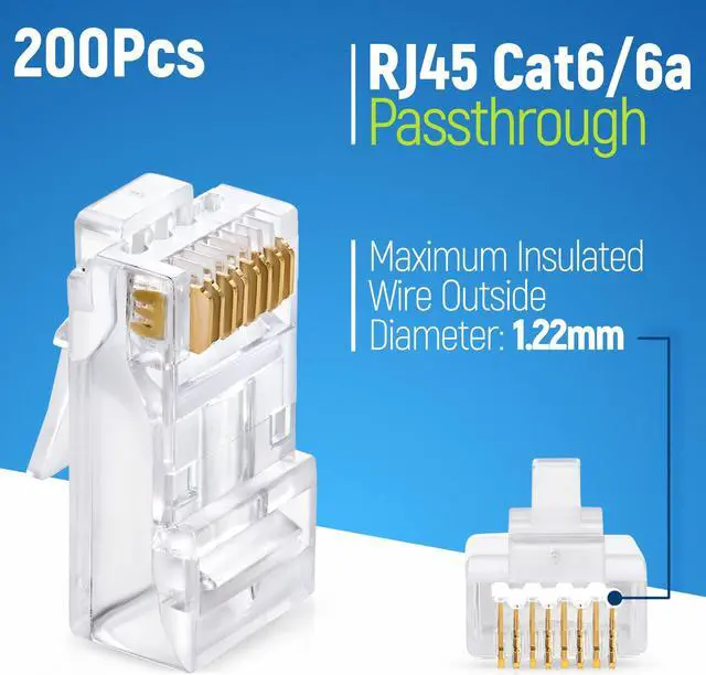 Alt view image 2 of 5 - GTZ RJ45 Cat6/6a Pass Through Connectors for a Thick 23 AWG Large Diameter UTP Network Cable, 200 Pcs | Insert Guides Included