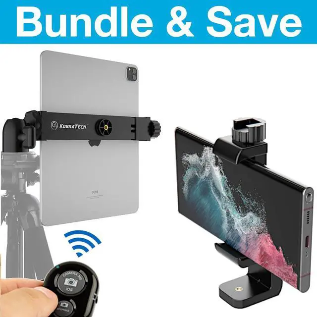 Main image of KobraTech iPad + iPhone Tripod Mount Set - iPad Tripod Mount & iPhone Tripod Mount - Includes Ball Head & Bluetooth Remote Shutters