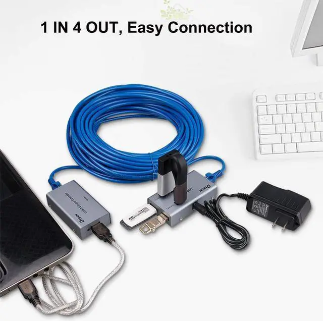 Alt view image 2 of 5 - DTECH USB Extender Over Cat5E/6 164ft USB2.0 Over Ethernet Extension Adapter with 4 USB 2.0 Ports Data Hub Multiport for Web Cameras Computer External Hard Drive Keyboard Mouse