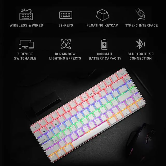 Alt view image 3 of 5 - LexonElec Wireless Mechanical Keyboard,Two Mode BT5.0/USB-C 82 Keys Bluetooth Mechanical Keyboard,Rainbow LED Backlit,Compact Gaming Keyboard for Windows Mac PC Gamer(White)