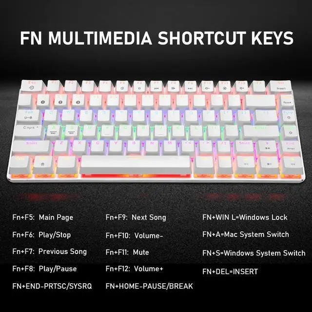 Alt view image 5 of 5 - LexonElec Wireless Mechanical Keyboard,Two Mode BT5.0/USB-C 82 Keys Bluetooth Mechanical Keyboard,Rainbow LED Backlit,Compact Gaming Keyboard for Windows Mac PC Gamer(White)