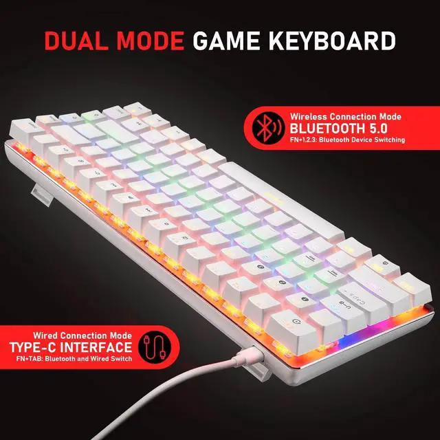 Alt view image 4 of 5 - LexonElec Wireless Mechanical Keyboard,Two Mode BT5.0/USB-C 82 Keys Bluetooth Mechanical Keyboard,Rainbow LED Backlit,Compact Gaming Keyboard for Windows Mac PC Gamer(White)