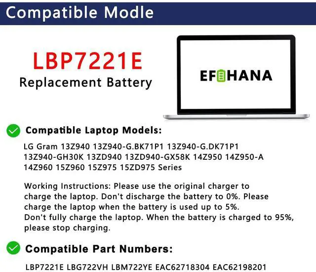 Alt view image 3 of 5 - LBP7221E LBG722VH Laptop Battery Replacement for LG Gram 13Z940 13ZD940 14Z950 14Z950-A 14Z960 15Z950 15Z960 15Z975 15ZD975 Series Notebook LBM722YE EAC62718304 EAC62198201 7.7V 34.61Wh 4495mAh