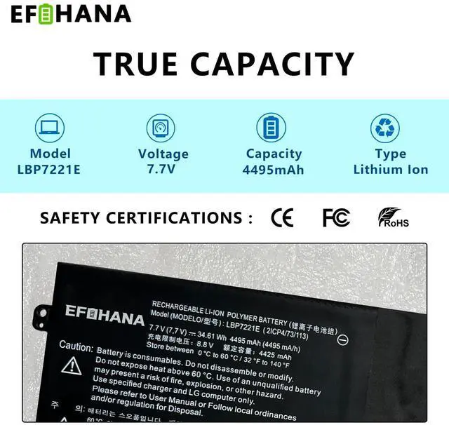 Alt view image 2 of 5 - LBP7221E LBG722VH Laptop Battery Replacement for LG Gram 13Z940 13ZD940 14Z950 14Z950-A 14Z960 15Z950 15Z960 15Z975 15ZD975 Series Notebook LBM722YE EAC62718304 EAC62198201 7.7V 34.61Wh 4495mAh