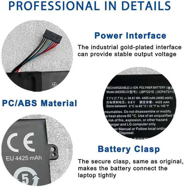Alt view image 5 of 5 - LBP7221E LBG722VH Laptop Battery Replacement for LG Gram 13Z940 13ZD940 14Z950 14Z950-A 14Z960 15Z950 15Z960 15Z975 15ZD975 Series Notebook LBM722YE EAC62718304 EAC62198201 7.7V 34.61Wh 4495mAh