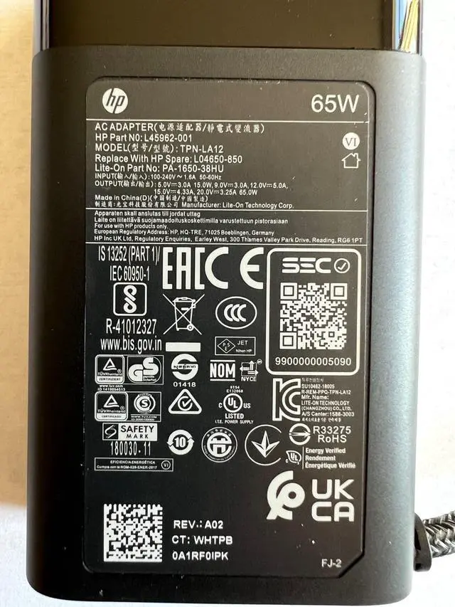 Main image of New Replacement HP 65W USB C AC Adapter for HP Spectre 13 x360 2019 13-AP Folio 13-ak0000 Elite x2 1013 G3, Comaptible P/N: L04540-001, L04650-850, PA-1650-38HT, TPN-LA12