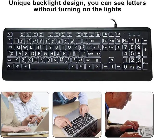 Alt view image 3 of 5 - Hilitand Large Font Keyboard, Large Print USB Keyboard with White LED Backlit 104 Keys Standard Full Size Computer Keyboard for Elderly or Visually Impaired, Old People