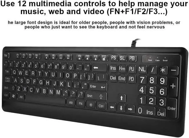 Alt view image 4 of 5 - Hilitand Large Font Keyboard, Large Print USB Keyboard with White LED Backlit 104 Keys Standard Full Size Computer Keyboard for Elderly or Visually Impaired, Old People