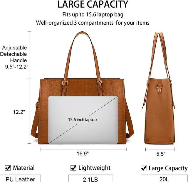 Alt view image 4 of 5 - Laptop Bag for Women 15.6 Inch Laptop Tote Bag Leather Classy Computer Briefcase for Work Waterproof Handbag Professional Shoulder Bag Women Business Office Bag Large Capacity(Brown)