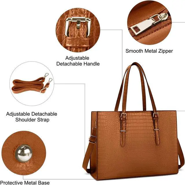 Alt view image 3 of 5 - Laptop Bag for Women 15.6 Inch Laptop Tote Bag Leather Classy Computer Briefcase for Work Waterproof Handbag Professional Shoulder Bag Women Business Office Bag Large Capacity(Brown)
