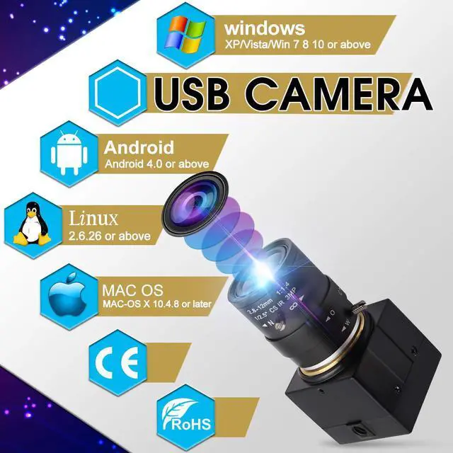 Alt view image 5 of 5 - Hotpet 5-50mm Varifocal Lens Webcam 5 Megapixel USB Camera HD 2592X1944 15fps 10X Zoom Webcam Aptina Sensor PC Webcamera for Android Windows Linux Mac, Plug&Play,OTG 2.0 USB Camera