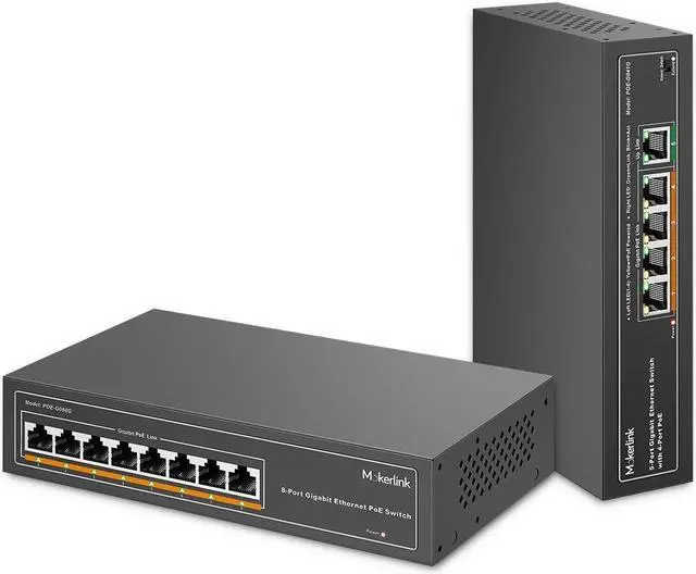 Main image of MokerLink Gigabit POE Switch, 5 Port and 8 Port PoE Switch, IEEE802.3af/at, Unmanaged Plug and Play, Sturdy Metal Fanless