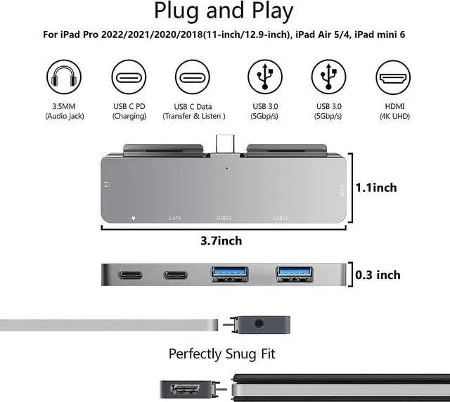Alt view image 2 of 5 - USB C HUB for iPad Pro, Adapter for iPad Air, iPad Pro Hub Docking Station with 4K HDMI,3.5mm Headphone Jack,2 USB3.0 Ports,USB C PD Charging&Data, for iPad mini M4 M2 11 12.9 13 inch Accessories