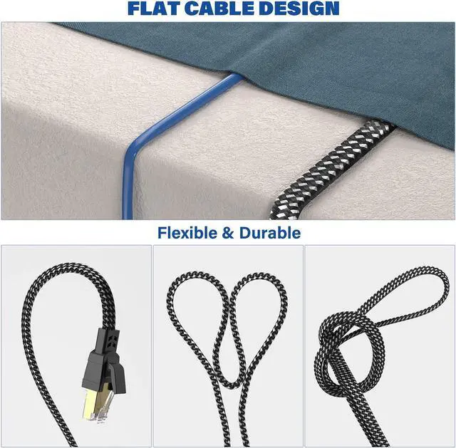 Alt view image 5 of 5 - Orbram Cat 8 Ethernet Cable 100 ft, Nylon Braided High Speed Heavy Duty Network LAN Patch Cord, 40Gbps 2000Mhz SFTP RJ45 Flat Internet Cable Shielded in Wall, Indoor&Outdoor for Modem/Router/Gaming/PC