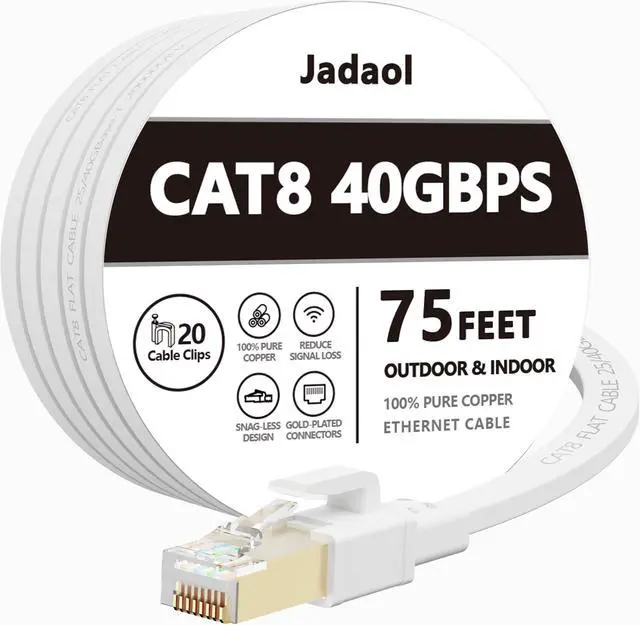 Main image of Cat8 Ethernet Cable, Outdoor&Indoor, 75 FT Heavy Duty High Speed Cat 8 LAN Network Cable, 40Gbps 2000MHz RJ45 Flat Internet Computer Patch Cord, Weatherproof S/FTP UV Resistant for Router/Modem/Gaming