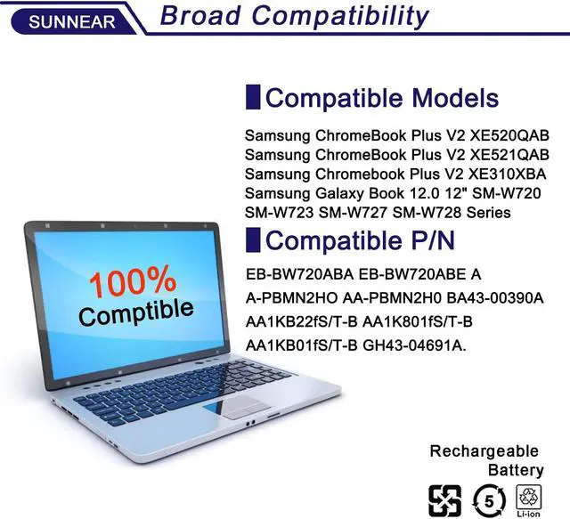 Alt view image 5 of 5 - EB-BW720ABA EB-BW720ABE Battery for Samsung Chromebook Plus V2 XE310XBA XE350XBA XE520QAB XB521QAB K01US K02US K03US Galaxy Book 12" SM-W720 SM-W723 SM-W723Q SM-W720N SM-W727V AA-PBMN2HO AA-PBMN2H0