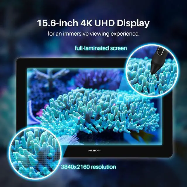 Alt view image 2 of 5 - HUION Kamvas Pro 16 Plus 4K UHD Graphics Drawing Tablet with Screen Full Laminated 145% sRGB Art Tablet with Battery-Free Stylus, 15.6-inch Drawing Monitor Work with Linux, Windows PC, Mac, Android