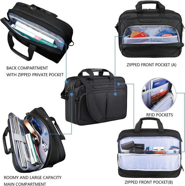 Alt view image 4 of 5 - KROSER Laptop Bag Expandable Lightweight Briefcase for 17.3" Laptop Premium Business Work Bag Water-Repellent Messenger Bag with RFID Pockets for Travel/Women/Men-Black