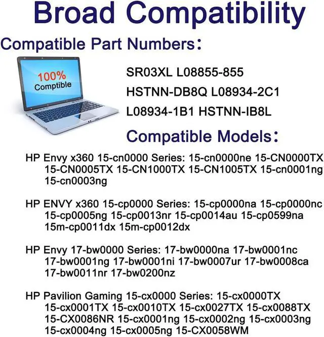 Alt view image 4 of 5 - SUNNEAR SR03XL L08855-855 Battery Replacement for HP Envy x360 15-CN 15-CP 17-BW Pavilion 15-CX 15-cx0000 15-cx0058wm 15-cx0056wm Serie L08934-2C1 L08934-1B1 L08934-2B1 HSTNN-DB8Q TPN-Q194