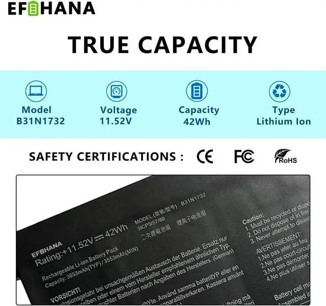 Alt view image 2 of 5 - EFOHANA B31N1732 Laptop Battery Replacement for Vivobook S14 S430FA-EB021T S430UA-EB015T Series Notebook B31Bi9H 0B200-02960000 0B200-02960400 3ICP5/57/81 11.52V 42Wh 3553mAh