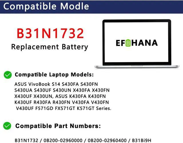 Alt view image 3 of 5 - EFOHANA B31N1732 Laptop Battery Replacement for Vivobook S14 S430FA-EB021T S430UA-EB015T Series Notebook B31Bi9H 0B200-02960000 0B200-02960400 3ICP5/57/81 11.52V 42Wh 3553mAh