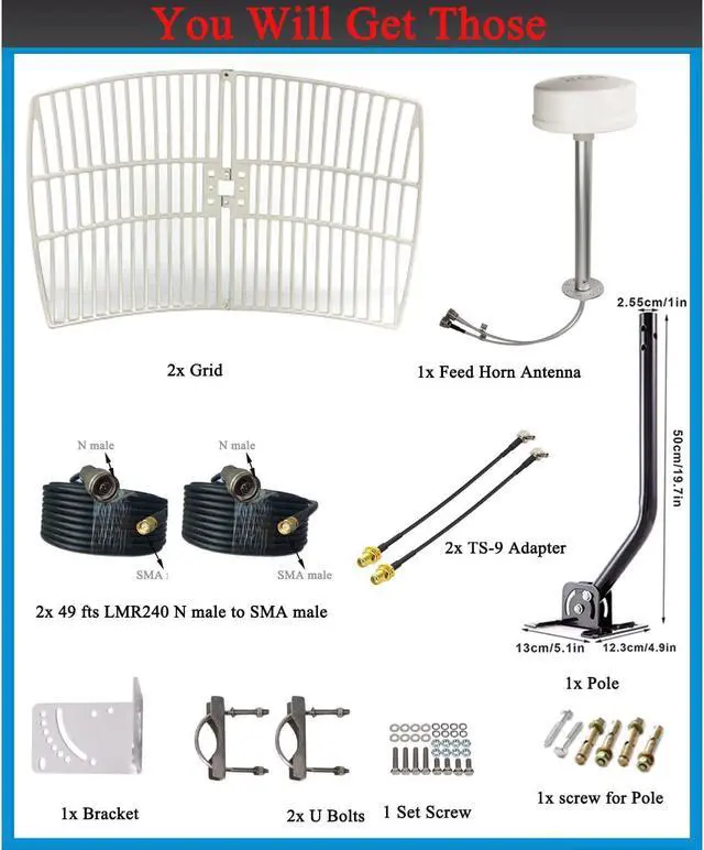 Alt view image 3 of 5 - SIGNALPLUS Parabolic Antennas Kit, 2x2 MIMO Antenna 5G, 4G LTE Antenna Outdoor Directional WiFi Antennas Long Range for 5G 4G LTE Routers, TS-9, SMA, 698-6000MHz, 30dBi, 15meter LMR240, Mount Pole