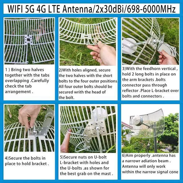 Alt view image 5 of 5 - SIGNALPLUS Parabolic Antennas Kit, 2x2 MIMO Antenna 5G, 4G LTE Antenna Outdoor Directional WiFi Antennas Long Range for 5G 4G LTE Routers, TS-9, SMA, 698-6000MHz, 30dBi, 15meter LMR240, Mount Pole