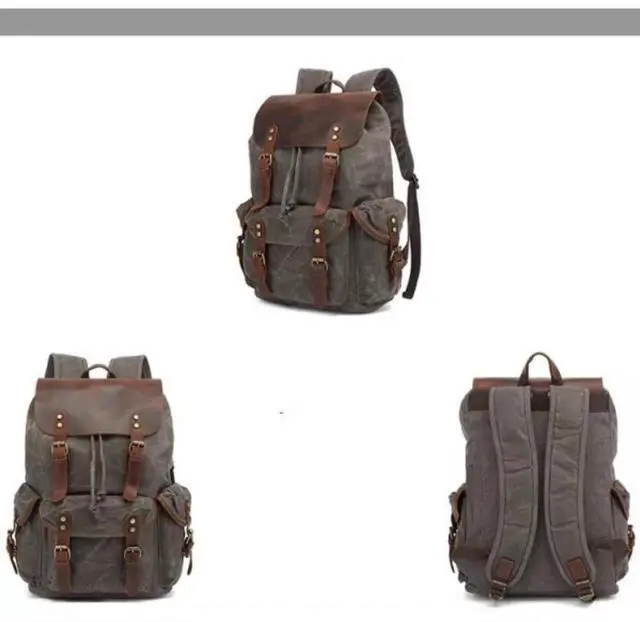 Alt view image 2 of 5 - Genuine Leather Canvas waxed Backpack Travel Rucksack Laptop Bag