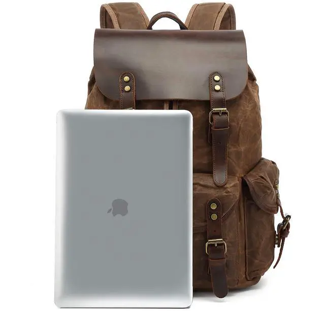 Alt view image 5 of 5 - Genuine Leather Canvas waxed Backpack Travel Rucksack Laptop Bag