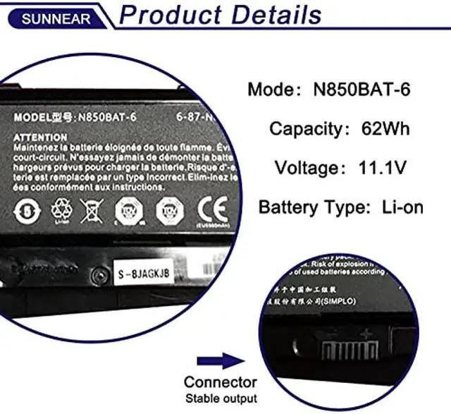 Alt view image 2 of 5 - SUNNEAR N850BAT-6 62Wh Battery Replacement for CLEVO N870 N870HK Z6-KP Z6-KP5GT Z7M-KP Z7M-KP7G1 T58-T1 T6TI Series Laptop 6-87-N850S-6E71 6-87-N850S-4U41 11.1V 5500mAh