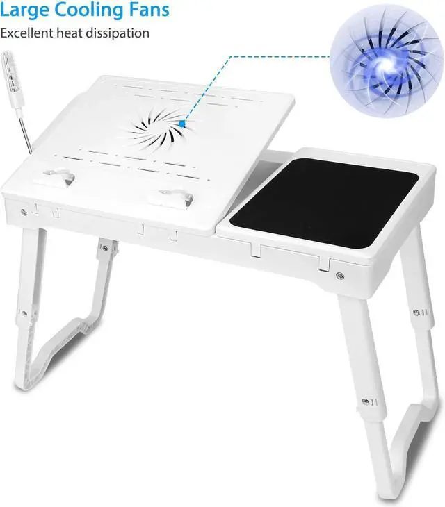Alt view image 2 of 5 - TeqHome Laptop Table for Bed, Adjustable Laptop Bed Desk with Fan, 4 USB Ports, Portable Lap Desk with Foldable Legs, Laptops Stand for Couch Sofa Bed Tray with LED Light, Storage, Mouse Pad - White