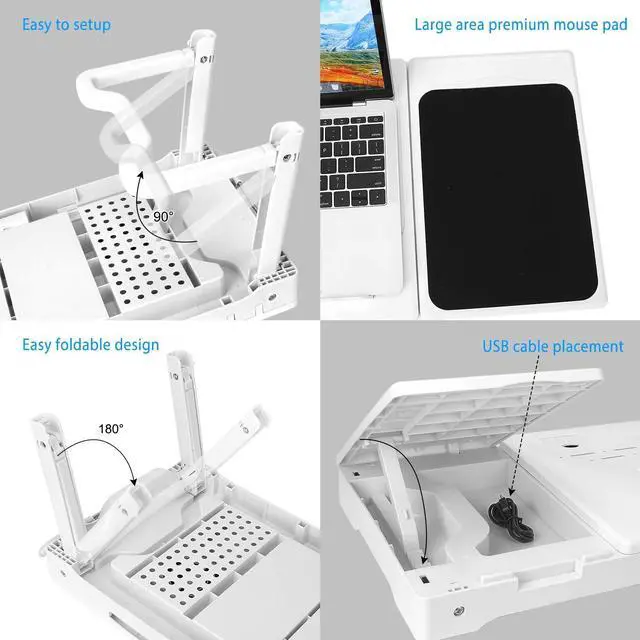 Alt view image 4 of 5 - TeqHome Laptop Table for Bed, Adjustable Laptop Bed Desk with Fan, 4 USB Ports, Portable Lap Desk with Foldable Legs, Laptops Stand for Couch Sofa Bed Tray with LED Light, Storage, Mouse Pad - White
