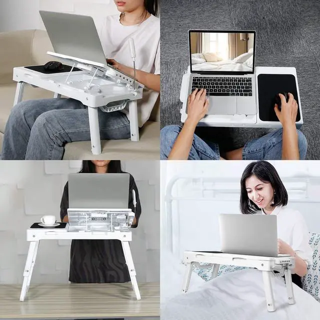 Alt view image 5 of 5 - TeqHome Laptop Table for Bed, Adjustable Laptop Bed Desk with Fan, 4 USB Ports, Portable Lap Desk with Foldable Legs, Laptops Stand for Couch Sofa Bed Tray with LED Light, Storage, Mouse Pad - White